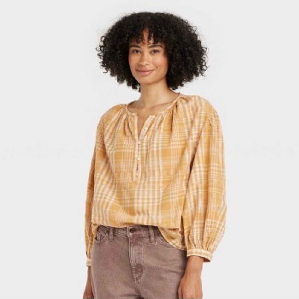 UNIVERSAL Thread Balloon Long Sleeve Popover Plaid Blouse Women Cotton Yellow L
